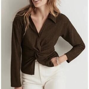 Madewell Dark Green Twisted Front Collared Long Sleeve Top